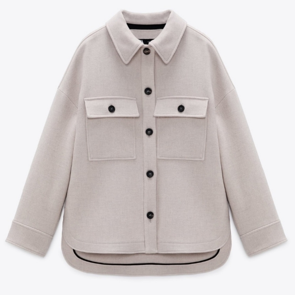 New Zara Oversized Manteco Wool Blend Overshirt Jacket Shacket In Stone NWT Sz M